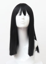 A mannequin head showcasing a long natural black wig with fringe.
