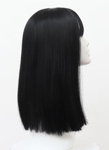 A mannequin head showcasing a long natural black wig with fringe.