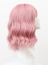 A mannequin head displaying a pink wig with natural waves and fringe.