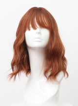 A mannequin head displaying a dark ginger wig with natural waves and a fringe.