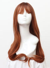 A long ginger wavy wig with fringe displayed on a mannequin head.