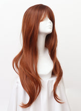 A long ginger wavy wig with fringe displayed on a mannequin head.