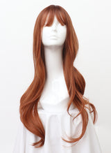 A long ginger wavy wig with fringe displayed on a mannequin head.