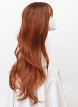 A long ginger wavy wig with fringe displayed on a mannequin head.