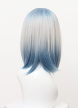 A synthetic long bob wig in blue ombre with fringe, displayed on a mannequin head.