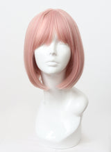 A synthetic pale pink bob wig with fringe displayed on a mannequin head.