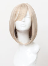 A blonde bob wig with fringe on a mannequin head.