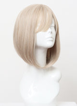 A blonde bob wig with fringe on a mannequin head.