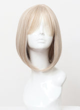 A blonde bob wig with fringe on a mannequin head.