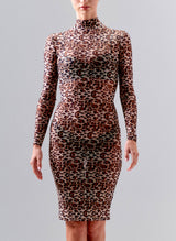 A model wears a semi-sheer leopard print mesh dress with high collar and long sleeves. The dress finishes on the knee.