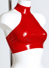 Red Latex Cropped Halter Top - SMALL