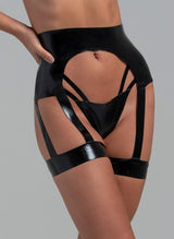 A high-waisted black latex suspender belt with six straps and thigh bands, designed to mimic the look of stockings. Worn by a model, with matching strappy latex G-string.