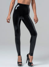 A person wearing high-waisted black latex rubber leggings and high heeled black stilettos.