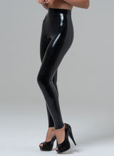 A person wearing high-waisted black latex rubber leggings and high heeled black stilettos.