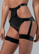 Black latex high waisted knickers with cut-outs at hips and a thick latex waistband. Side straps are attached to thigh bands.
