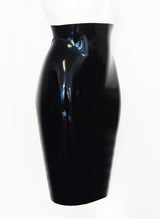 A black latex pencil skirt on a white background.