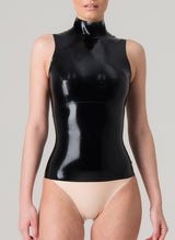 A model wears a sleeveless black latex top with high collar.