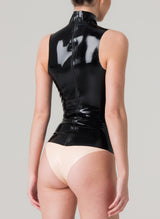 Back shot of a sleeveless black latex top, with full length zip.