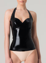 A model wears a black latex halter neck top with sweetheart neckline.