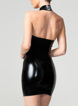 Back shot a black latex mini dress with halter neck.