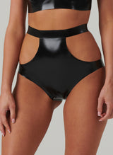 A model wears black latex shiny knickers with cut-outs at the hips.