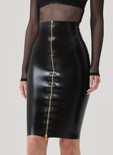 A high waisted black latex pencil skirt with a gold front zip, paired with a fishnet top.