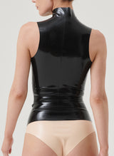 Back shot of a model wearing a black latex sleeveless top and peach coloured latex knickers.