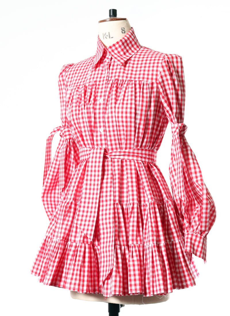 Red Check Gathers Gingham Shirt Dress - Size 8