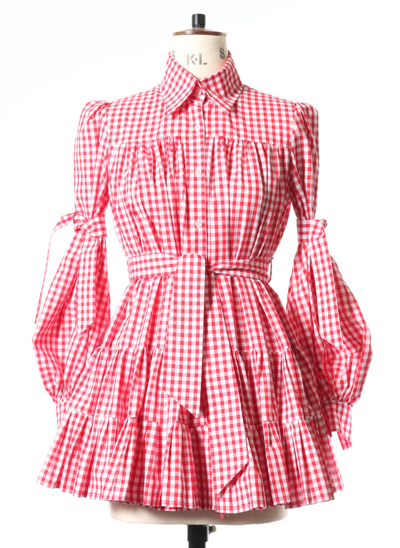 Red Check Gathers Gingham Shirt Dress - Size 8