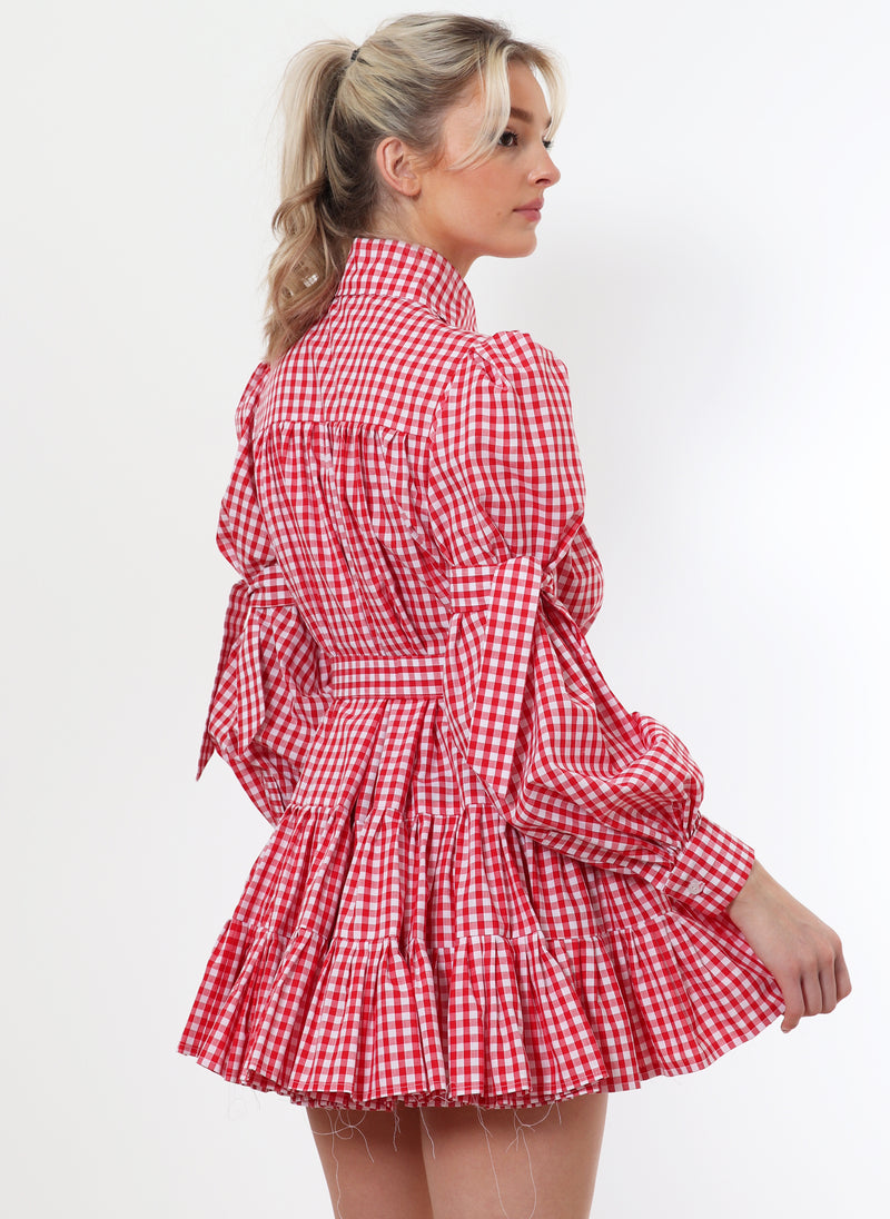 Red Check Gathers Gingham Shirt Dress - Size 8