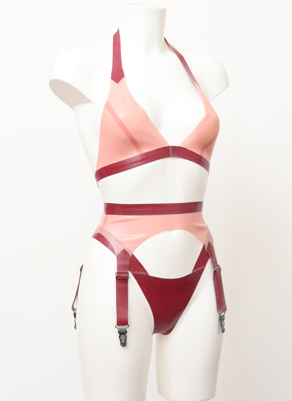 ST Pink/Plum Latex Lingerie Set - 3Piece - SMALL