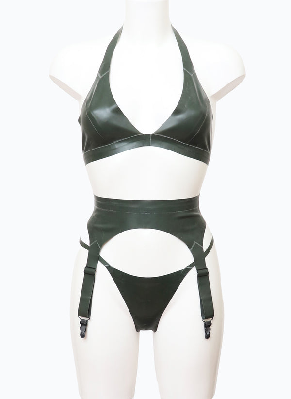 Olive Latex Lingerie Set - 3Pc - SMALL