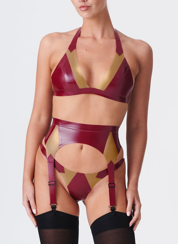 Plum/Gold Latex Lingerie Set - 3Pc - SMALL
