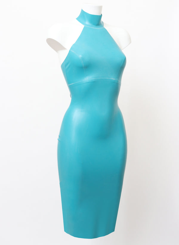 Aqua Latex Halter Neck Dress - SMALL