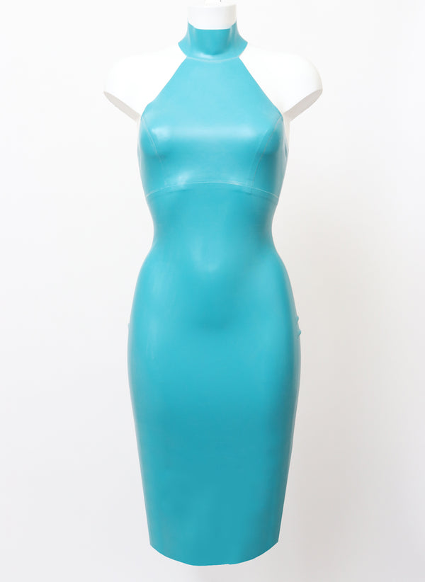 Aqua Latex Halter Neck Dress - SMALL