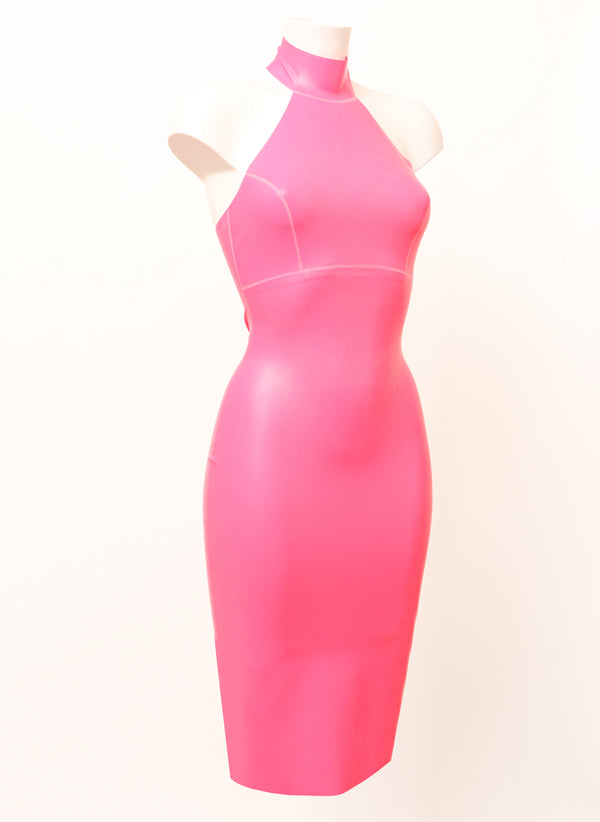 Hot Pink Latex Halter Neck Dress - SMALL