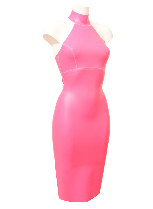 Hot Pink Latex Halter Neck Dress - ALL SIZES