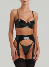 Black Latex 3pc Lingerie Set w/Mini Bow - SMALL